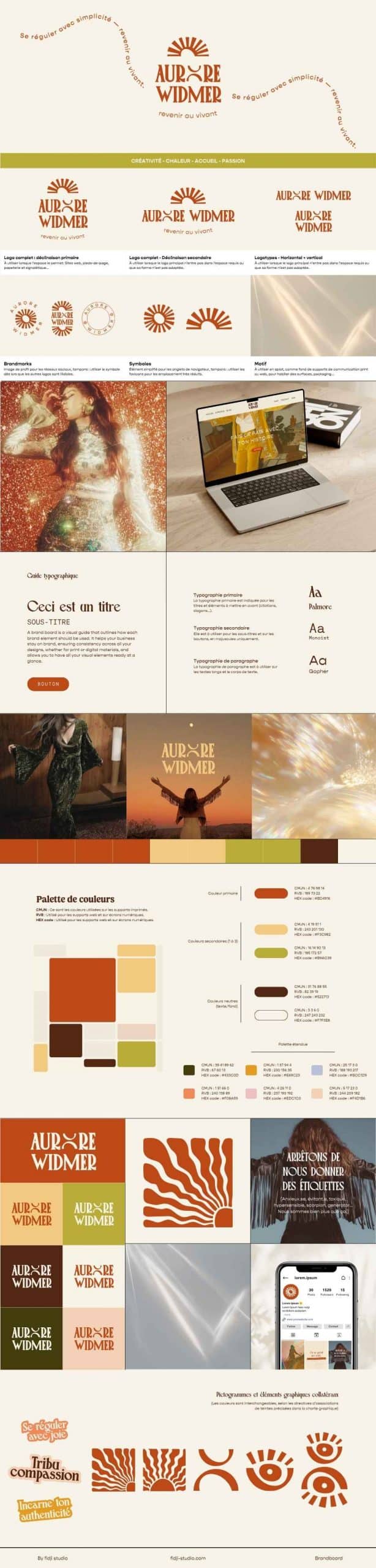 Brandboard complet d'identité visuelle pour thérapeute holistique Aurore Widmer incluant logo, typographies, palette de couleurs terracotta et applications web et print.