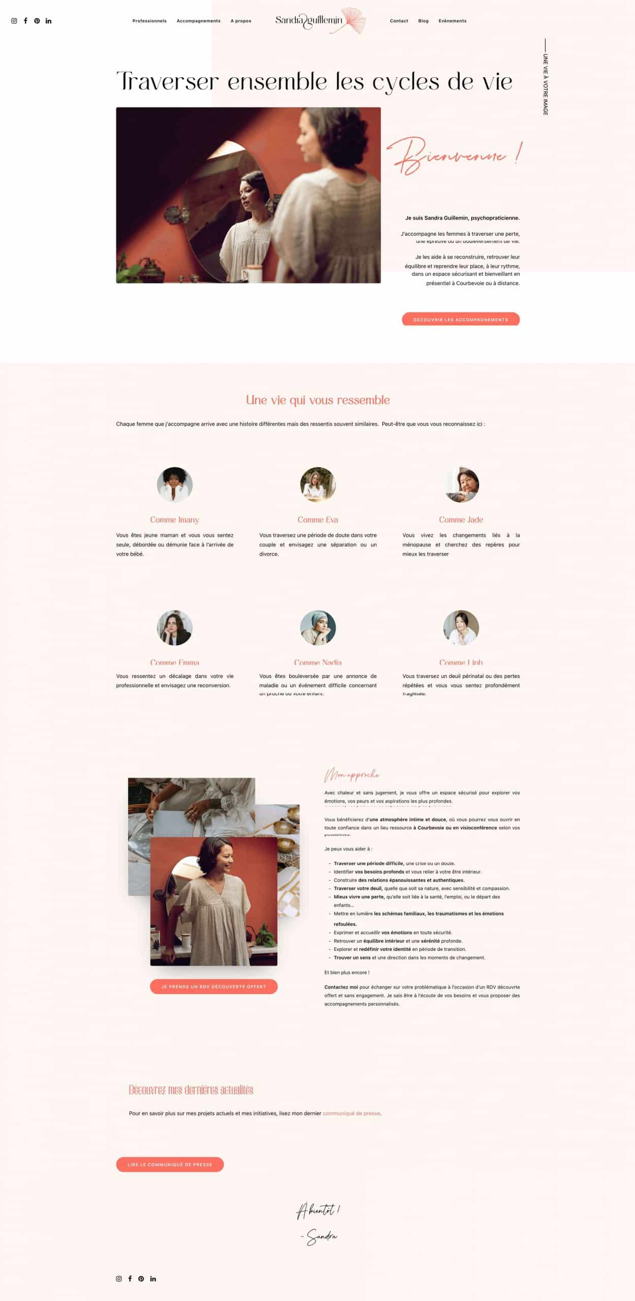 Site web Sandra Guillemin avec navigation, hero image de consultation, témoignages clients et section accompagnements pour l'identité visuelle thérapeute holistique.