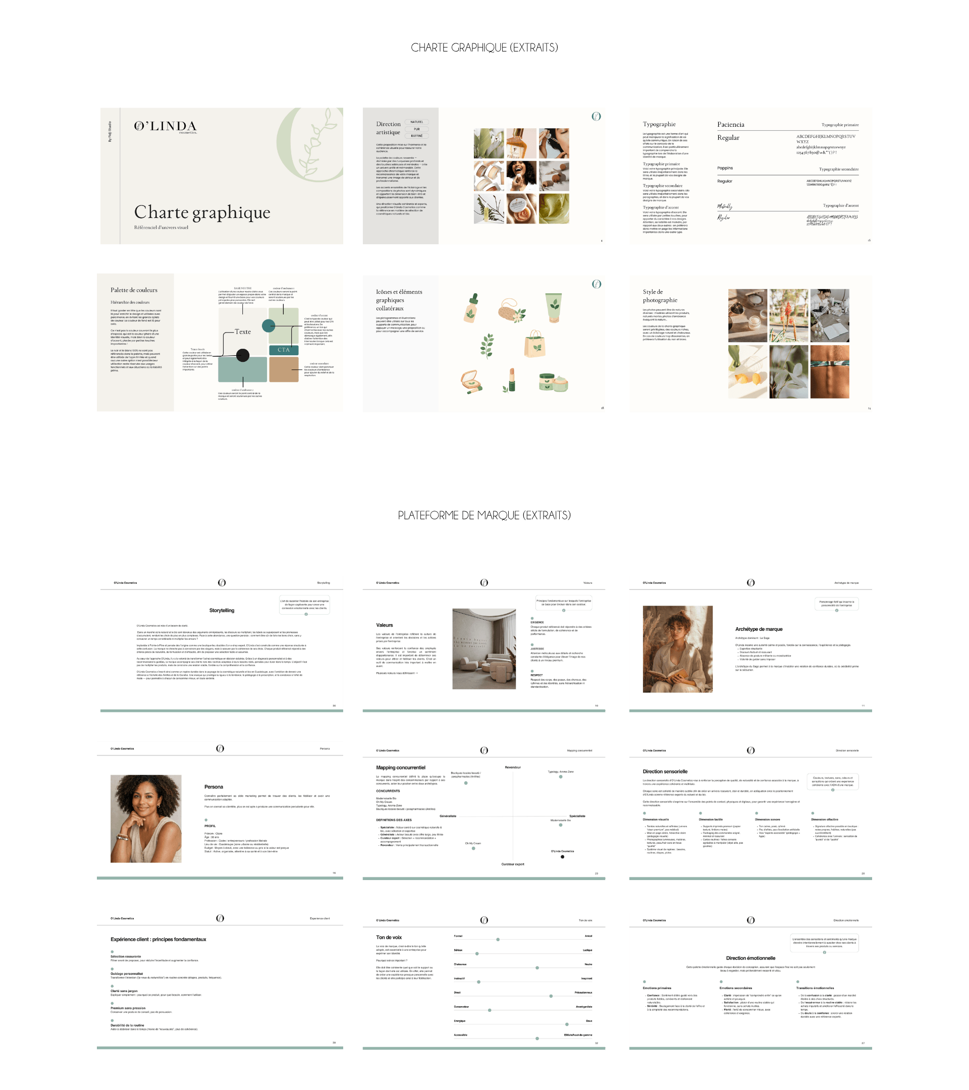 Charte graphique et plateforme de marque O'Linda avec typographies, couleurs, direction artistique et guide de photographie pour l'identité visuelle site web cosmétiques naturels.