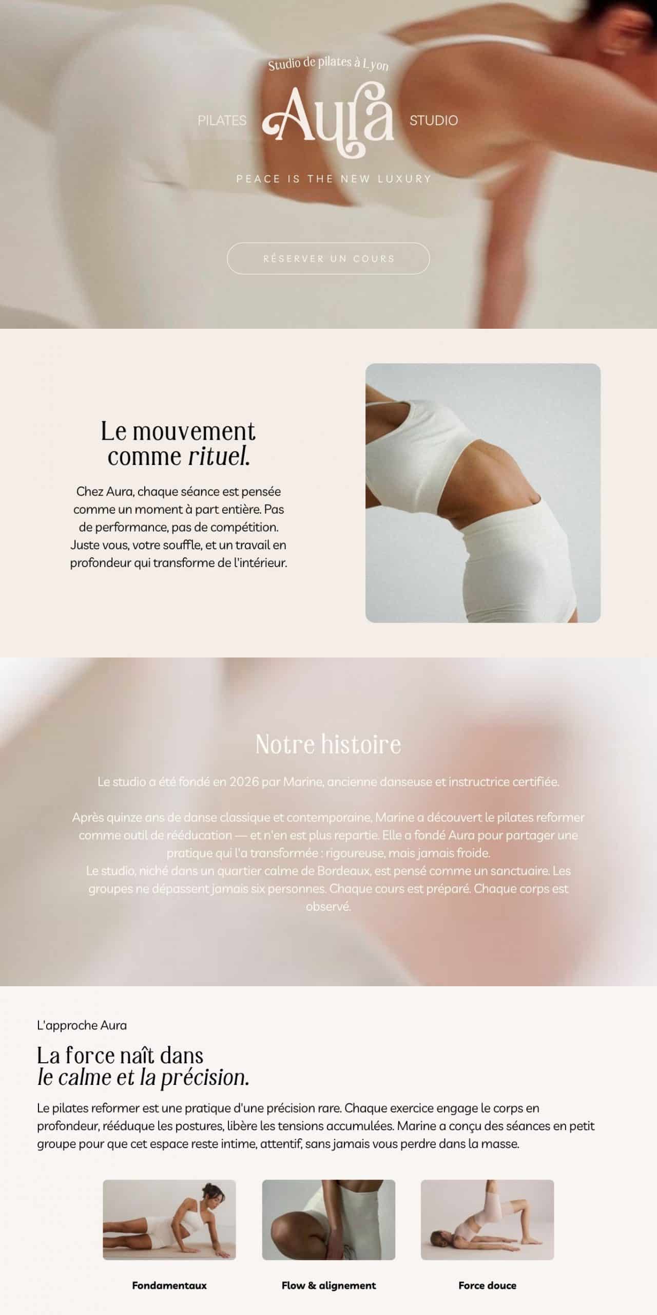Maquette de site web pour Aura Pilates Studio - identité visuelle studio pilates épurée et premium