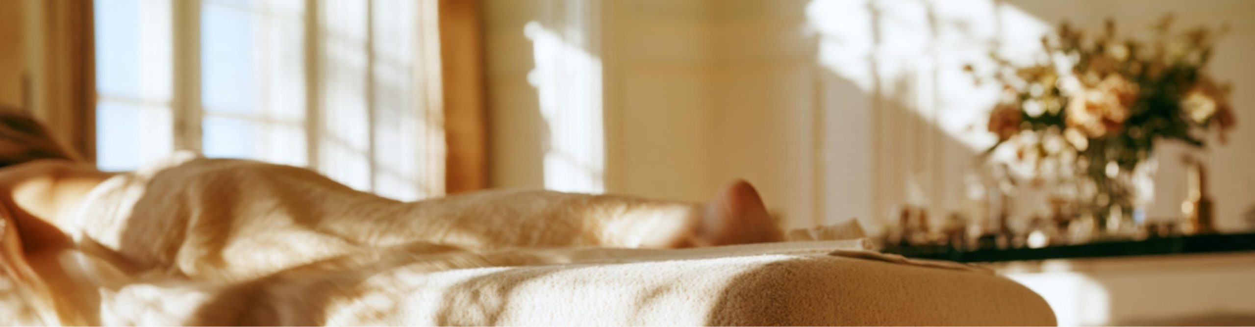 Chambre lumineuse baignée de soleil incarnant l'identité de marque beauté bien-être, avec linge de lit naturel et bouquet de fleurs.